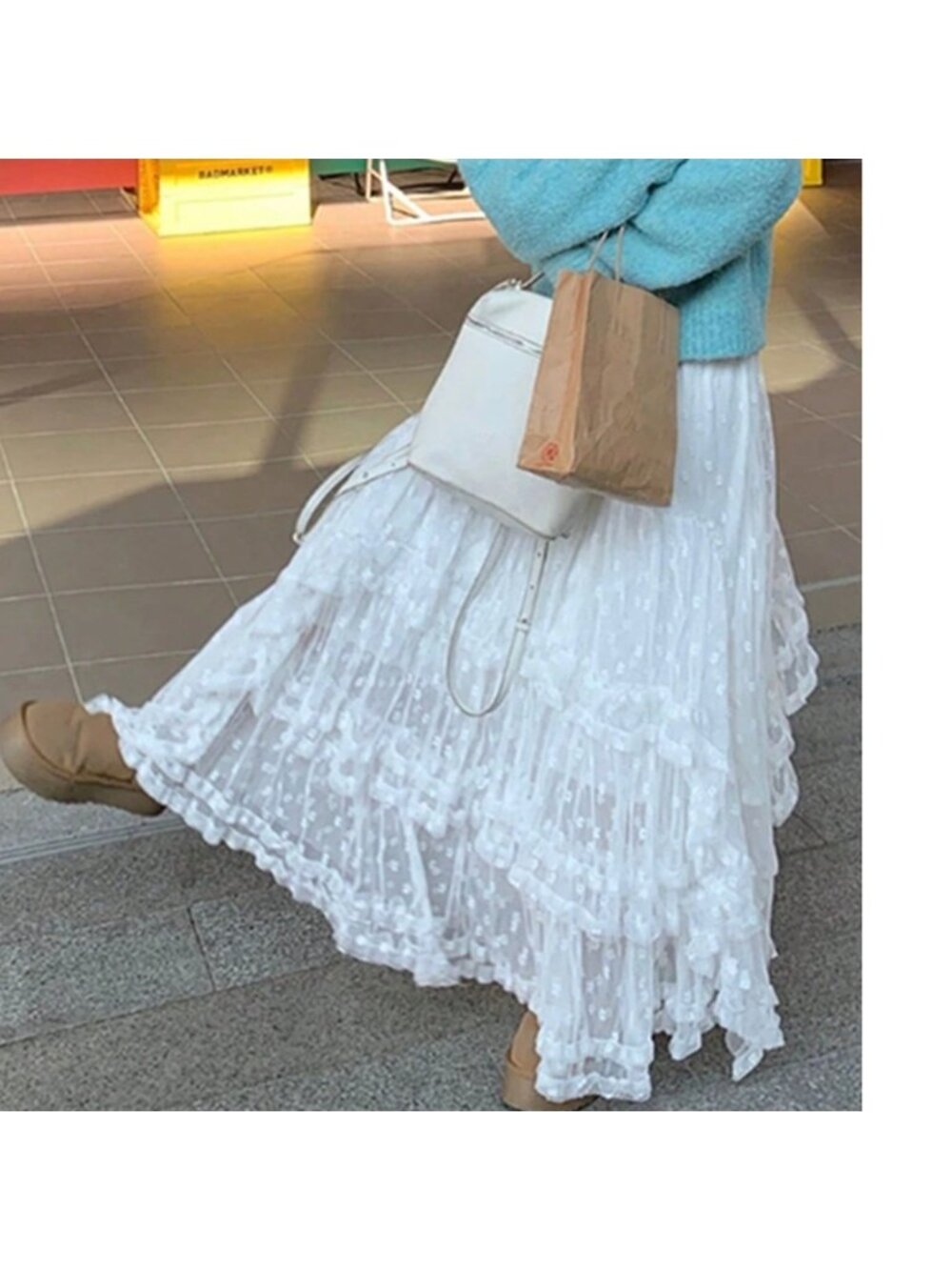 Boho Swiss Dot Lace Stretchy Waist Flared Ruffle Maxi Skirt - Picture 3 of 4